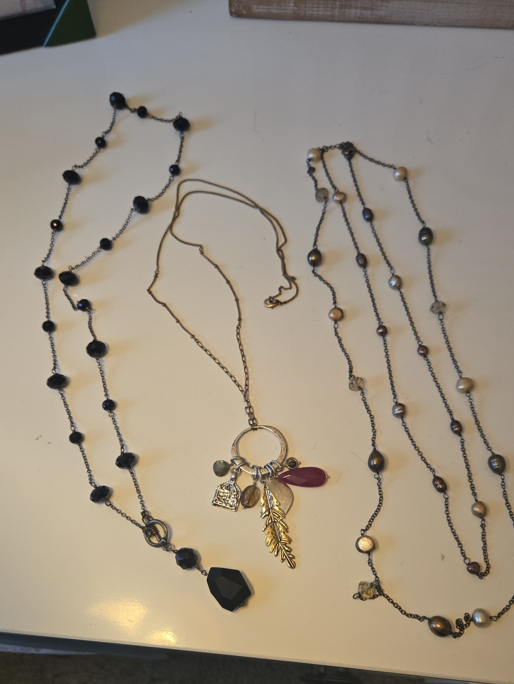 Mixed Chain Charm Necklace with Black Beads and Brown Accent